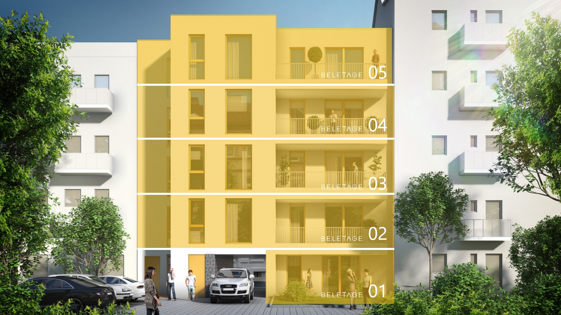 Visualisierung der Beletage Buckau mit fünf exklusiven Wohnungen – je eine pro Etage, stilvoll geplant mit Balkon und Stellplatz.