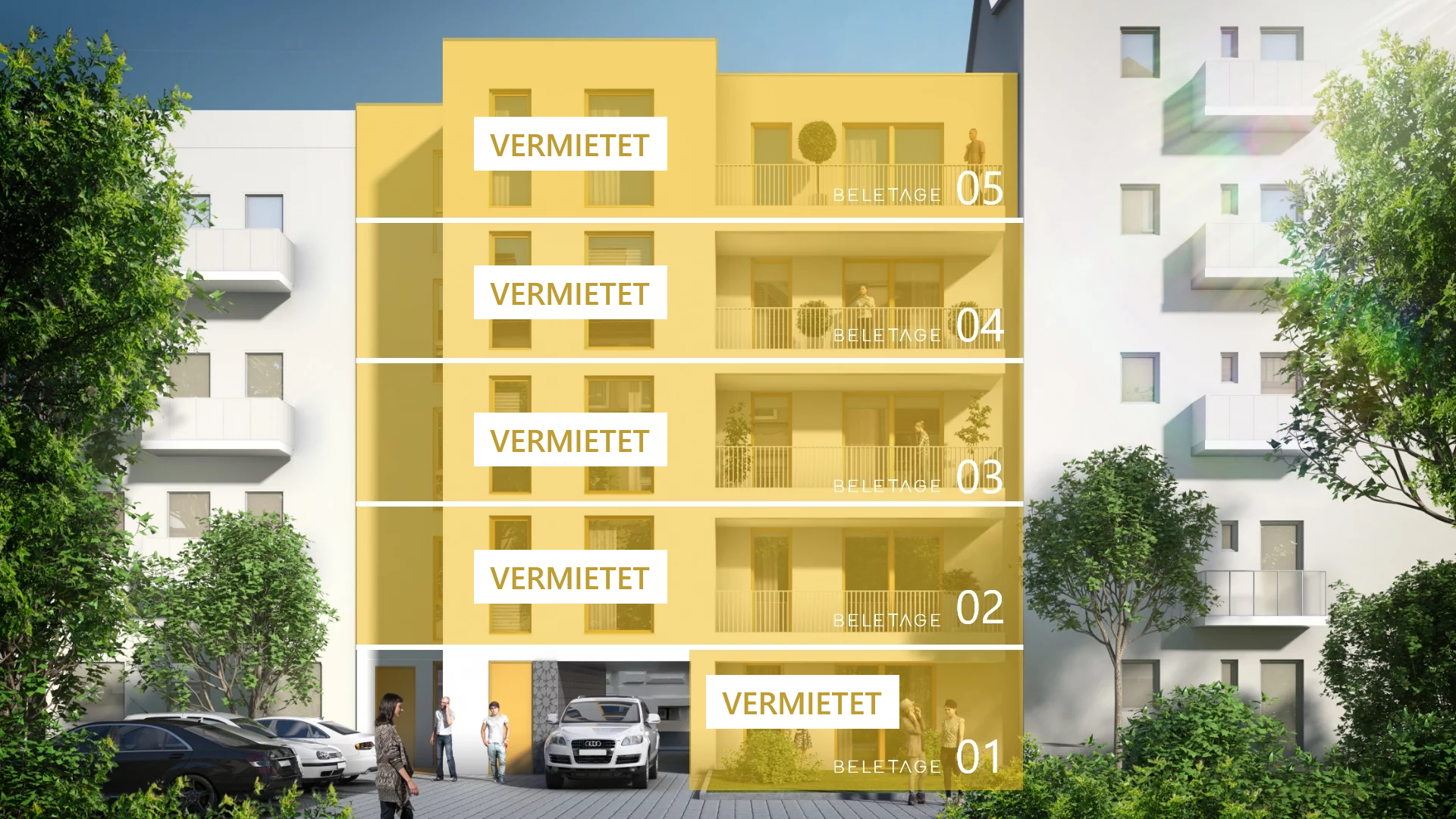 Visualisierung der Beletage Buckau mit fünf exklusiven Wohnungen – je eine pro Etage, stilvoll geplant mit Balkon und Stellplatz.