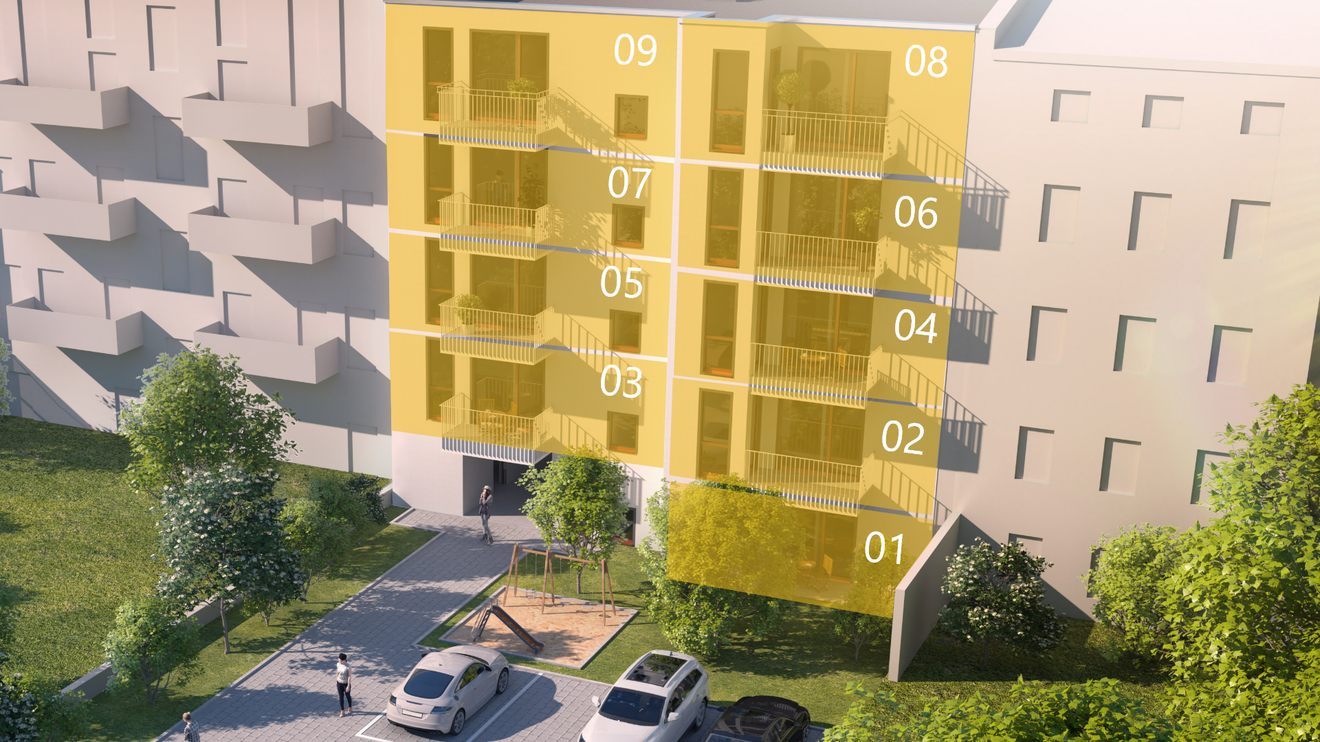 Visualisierung der Beletage Buckau mit fünf exklusiven Wohnungen – je eine pro Etage, stilvoll geplant mit Balkon und Stellplatz.