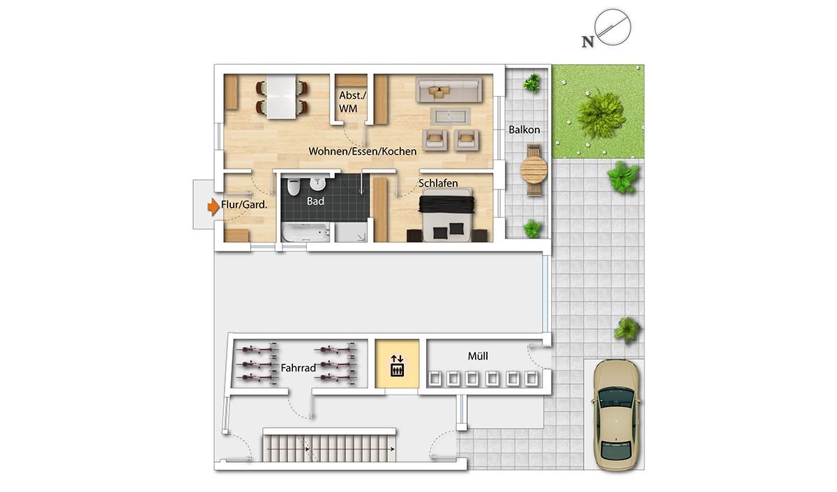 Möblierter Grundriss einer 2-Zimmer-Wohnung mit Balkon, Gartenanteil, Bad, Abstellraum sowie Fahrrad- und Müllbereich im EG.