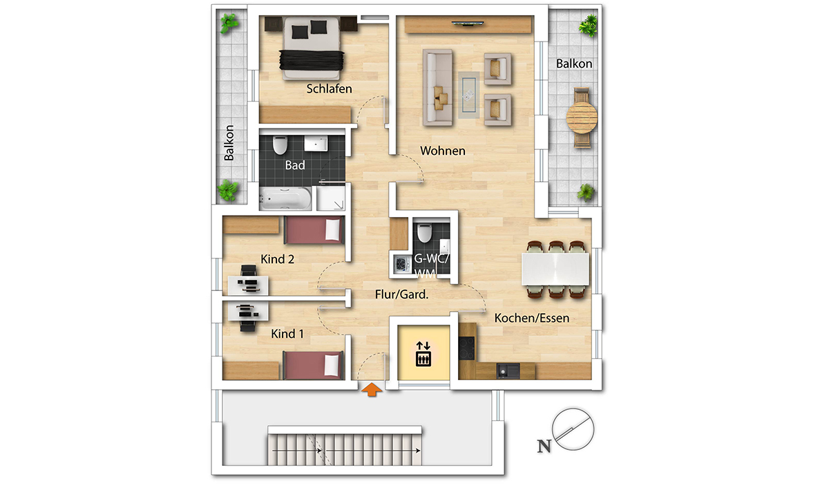 Möblierter Grundriss der 4-Zimmer-Wohnung mit zwei Balkonen, Bad, Gäste-WC und offenem Wohn-/Essbereich in der Beletage 05.