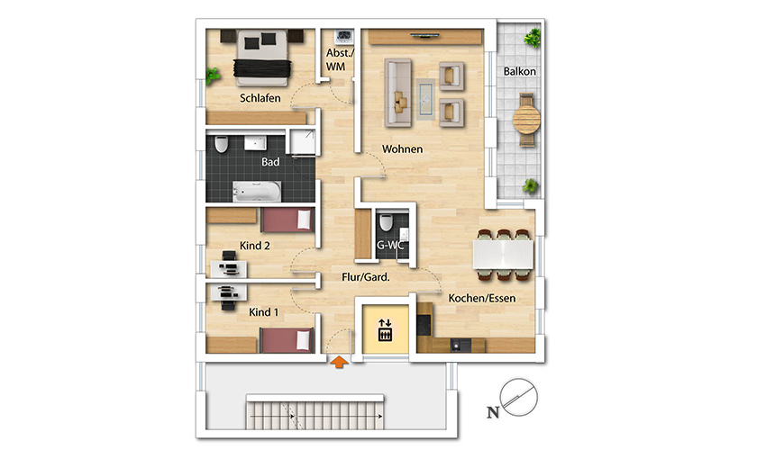 Möblierter Grundriss der 4-Zimmer-Wohnung mit Balkon, Gäste-WC, Bad, Abstellraum und offenem Wohn-/Essbereich in der Beletage 04.