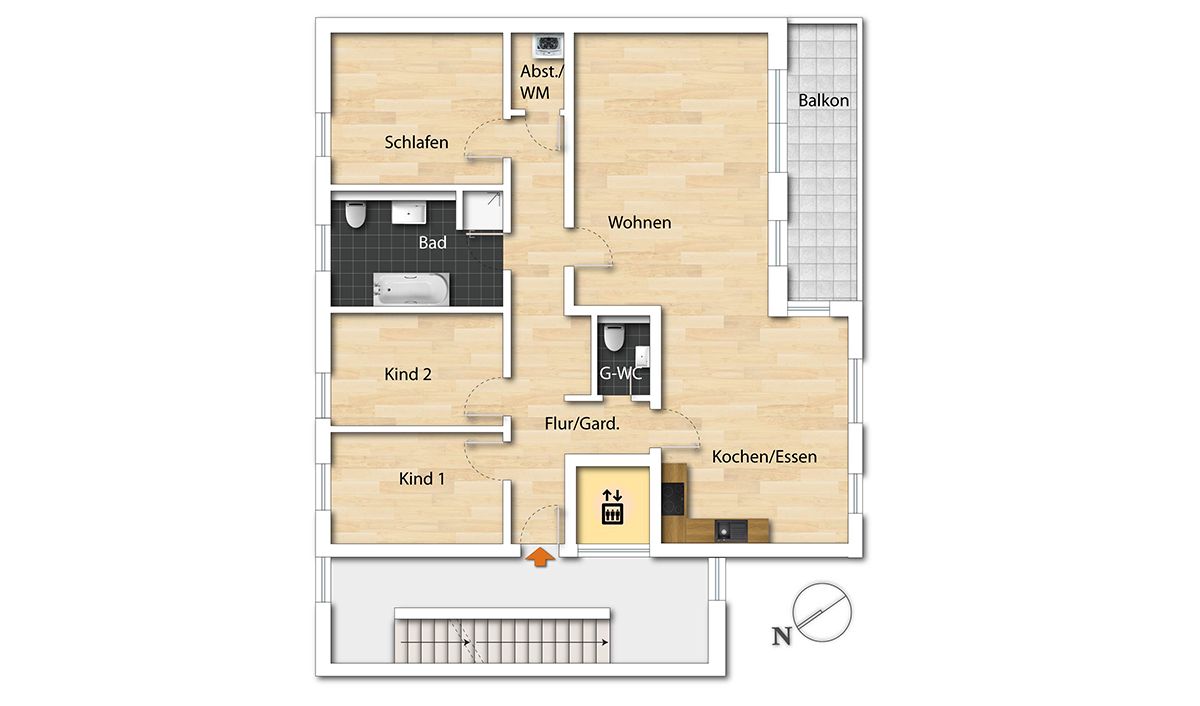 Grundriss der Beletage 04: 4-Zimmer-Wohnung mit Balkon, Gäste-WC, Bad, Abstellraum und großzügigem Wohn-/Essbereich.