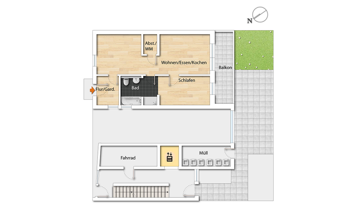 Grundriss der 2-Zimmer-Wohnung mit Balkon, Bad, Abstellraum und gemeinsamer Fahrrad- und Müllfläche im Erdgeschoss.