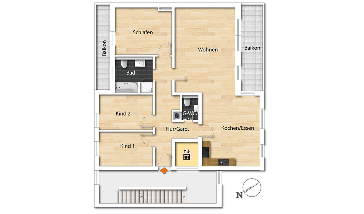 Unmöblierter Grundriss der 4-Zimmer-Wohnung mit zwei Balkonen, Bad, Gäste-WC und offenem Wohn-/Essbereich in der Beletage 05.