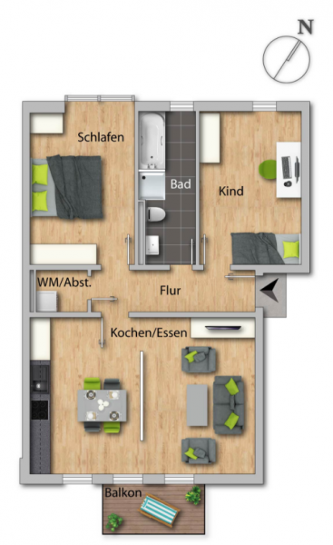 Möblierter Grundriss der 4-Zimmer-Wohnung mit zwei Balkonen, Bad, Gäste-WC und offenem Wohn-/Essbereich in der Beletage 05.
