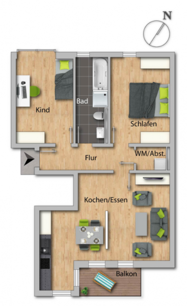 Möblierter Grundriss der 4-Zimmer-Wohnung mit Balkon, Gäste-WC, Bad, Abstellraum und offenem Wohn-/Essbereich in der Beletage 04.