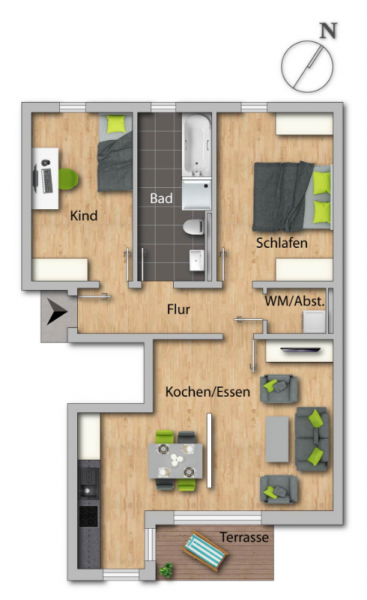 Möblierter Grundriss einer 3-Zimmer-Wohnung mit Terrasse, Gartenanteil, Bad, Stellplatz